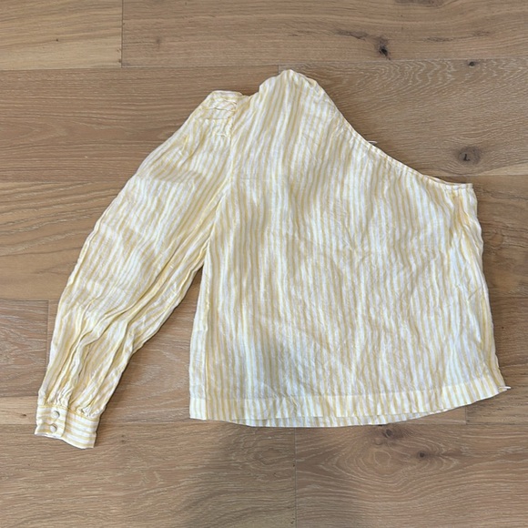 Frame Denim Linen One Shoulder Long Puff Sleeve Yellow Striped Blouse Top XS - Picture 10 of 11